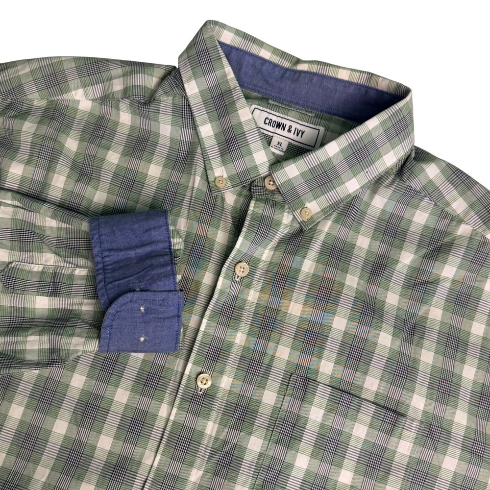 Crown & Ivy Mens XL Shirt‎ Long Sleeve Green Blue Plaid Stretch Button Down